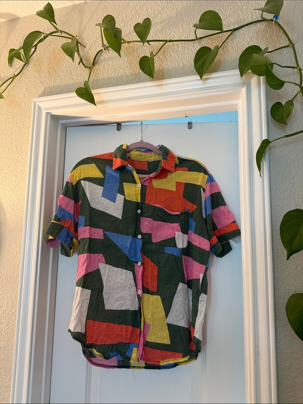 Multicolor Geometric Short-Sleeve Button-Up Shirt